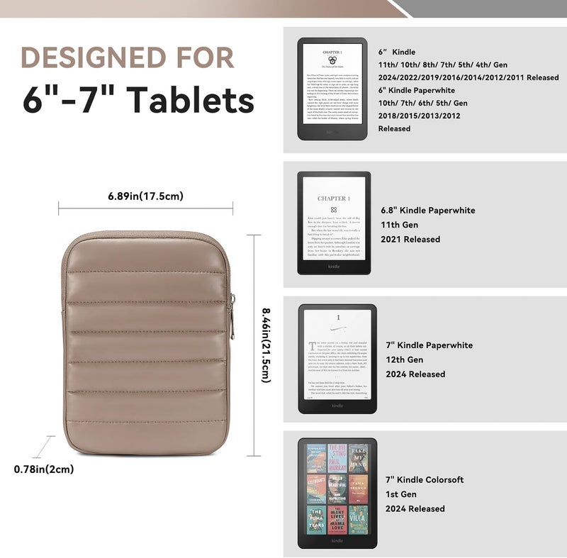 Clezolraa 6-7 Inch Puffy Sleeve Case for 7" Kindle Paperwhite 12th Gen/Colorsoft 2024, 6.8" Kindle Paperwhite 11th Gen, 6" Kindle 11th Gen 2024/2022, Oasis, Protective Pouch Bag, Mocha - Image 2